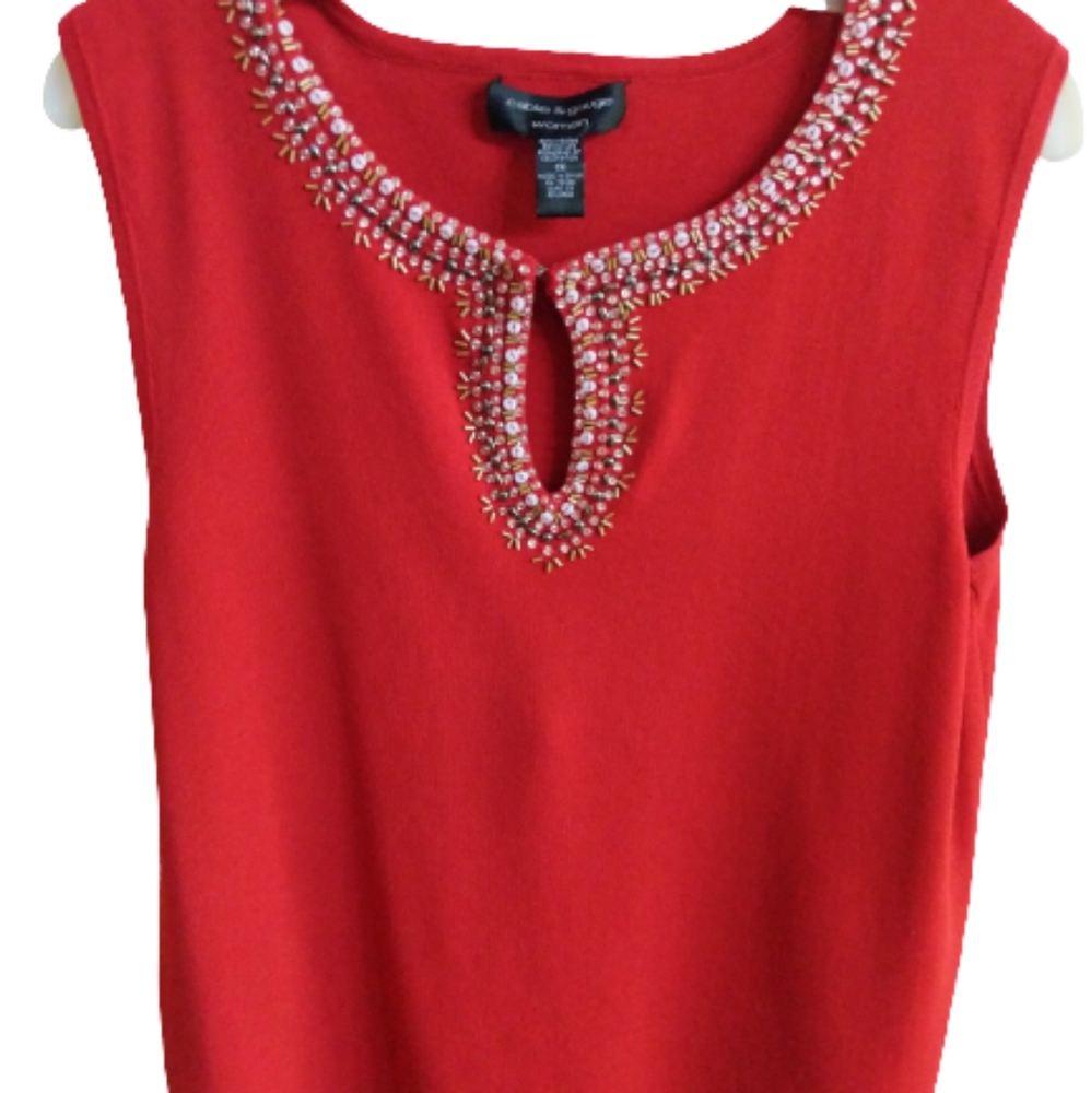 Cable & Gauge Top Red Beaded  Keyhole Sequin Trim Sleeveless Women size 1X - Picture 14 of 15